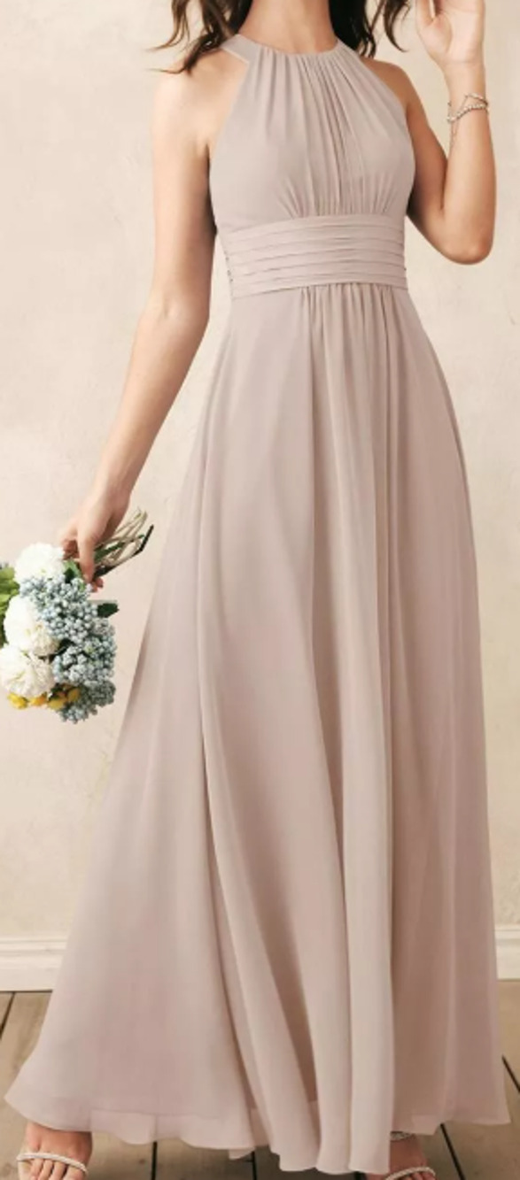 AW BRIDA 6 S biscotti chiffon Dorian tan bridesmaid formal maxi dress NEW 0B11